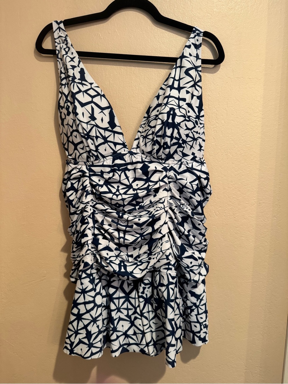 Plus Size Navy and White Patterned One-Piece Skirted Swimsuit